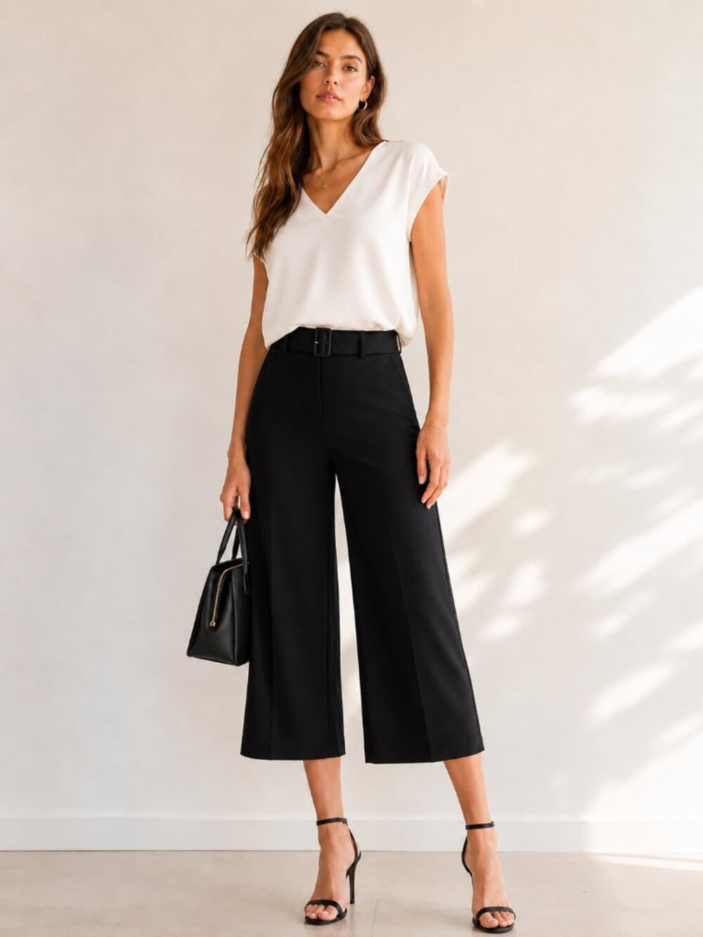 Ann Taylor Black Belted Wide Leg Culotte High Rise Crop Pants Size 8 NWT